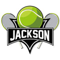 Custom tennis metal sign featuring a bright tennis ball, crossed rackets, and bold sports banner