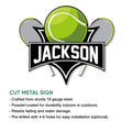 Cut metal tennis sign with a large green tennis ball, crossed rackets, and graphic banner design