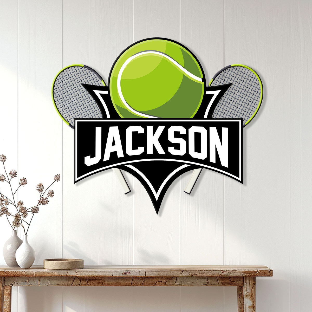Tennis metal wall sign displayed on a white paneled wall in a bright home interior