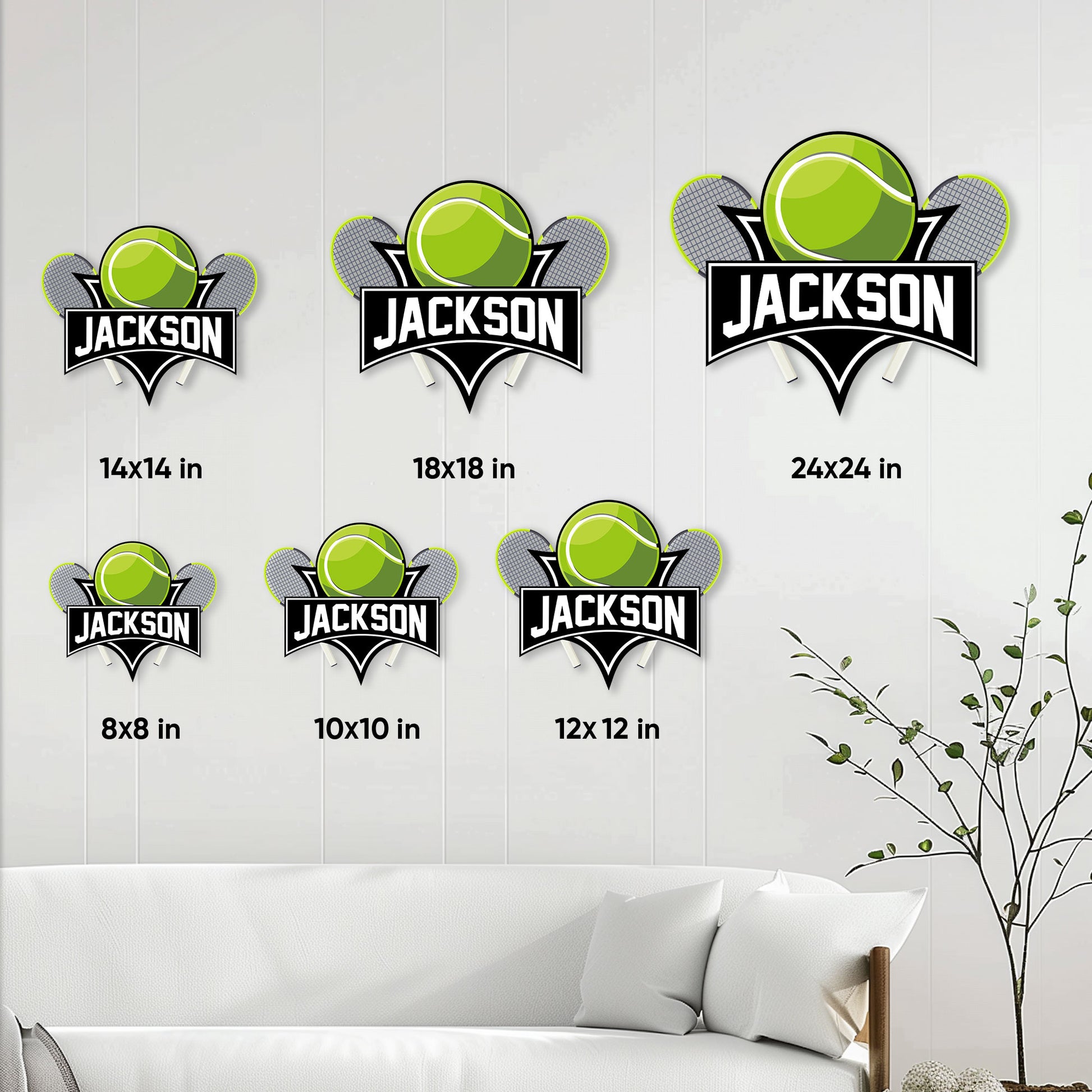 Tennis wall sign size guide showing multiple available dimensions from 8 by 8 to 24 by 24 inches