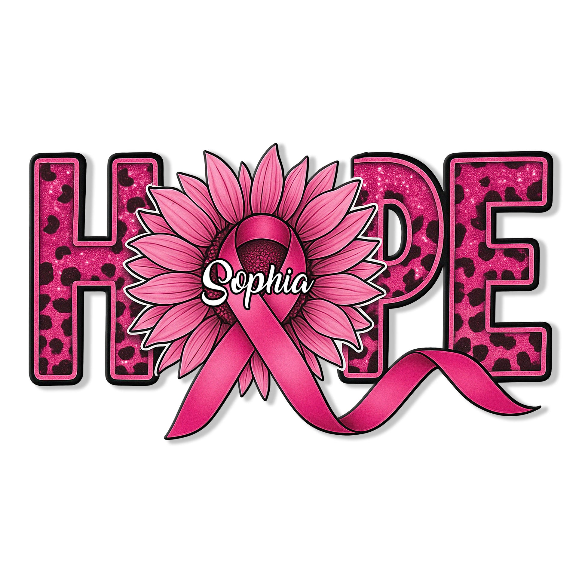 Pink breast cancer awareness metal sign with a sunflower, support ribbon, and bold HOPE design