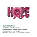 Breast cancer awareness cut metal sign featuring a pink ribbon, sunflower, and leopard print HOPE artwork