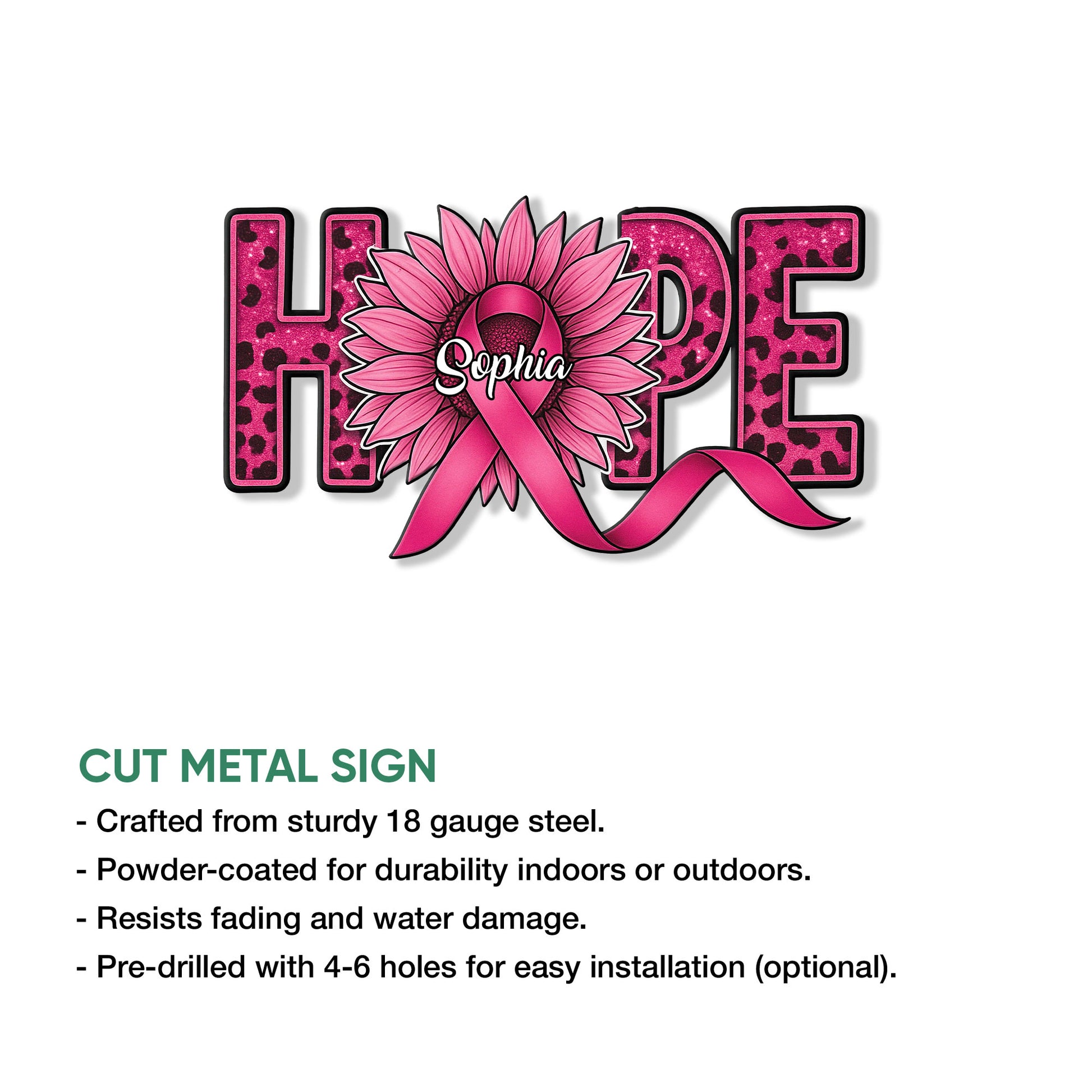 Breast cancer awareness cut metal sign featuring a pink ribbon, sunflower, and leopard print HOPE artwork