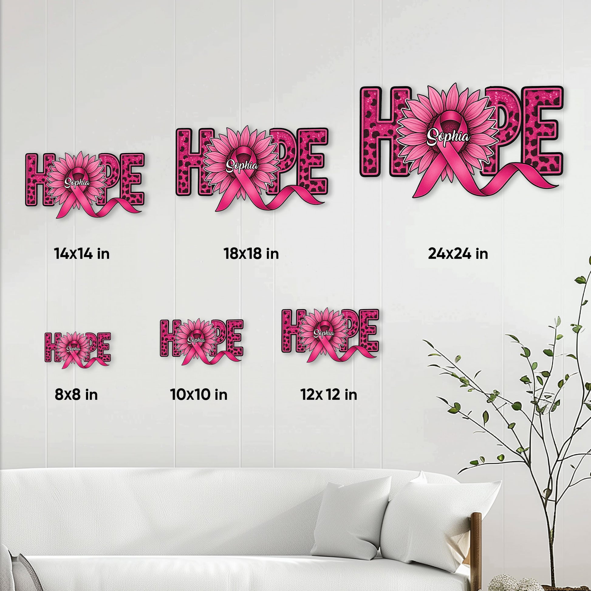 Breast cancer awareness metal sign size guide showing options from 8x8 to 24x24 inches
