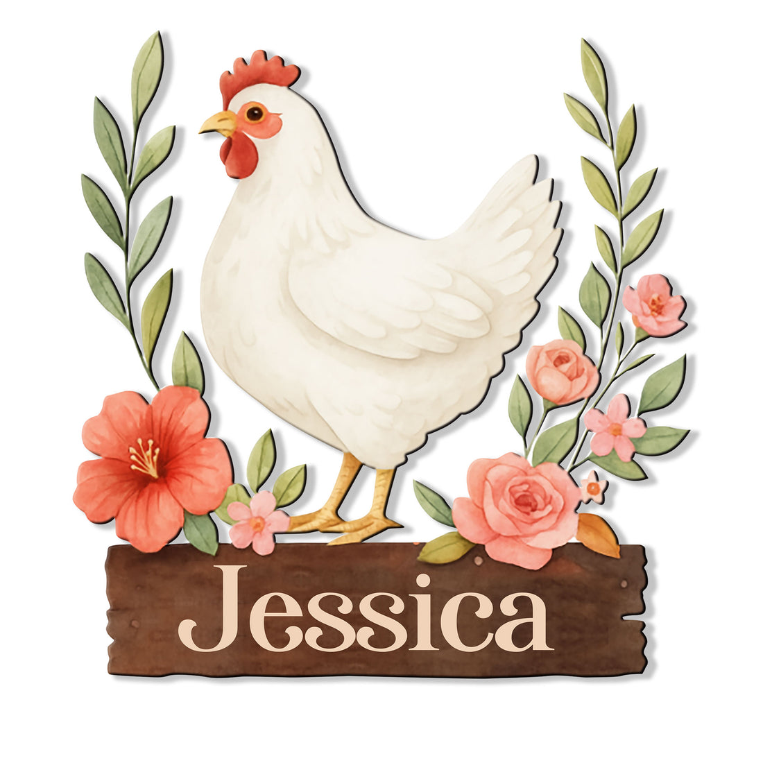 Floral chicken metal sign featuring a white hen framed by leafy branches and colorful flowers