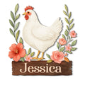 Floral chicken metal sign featuring a white hen framed by leafy branches and colorful flowers