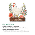 Floral hen metal sign shown in a product feature graphic with a rustic wood-style base