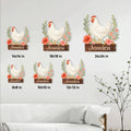 Chicken metal sign size guide showing available square sizes from 8 by 8 to 24 by 24 inches