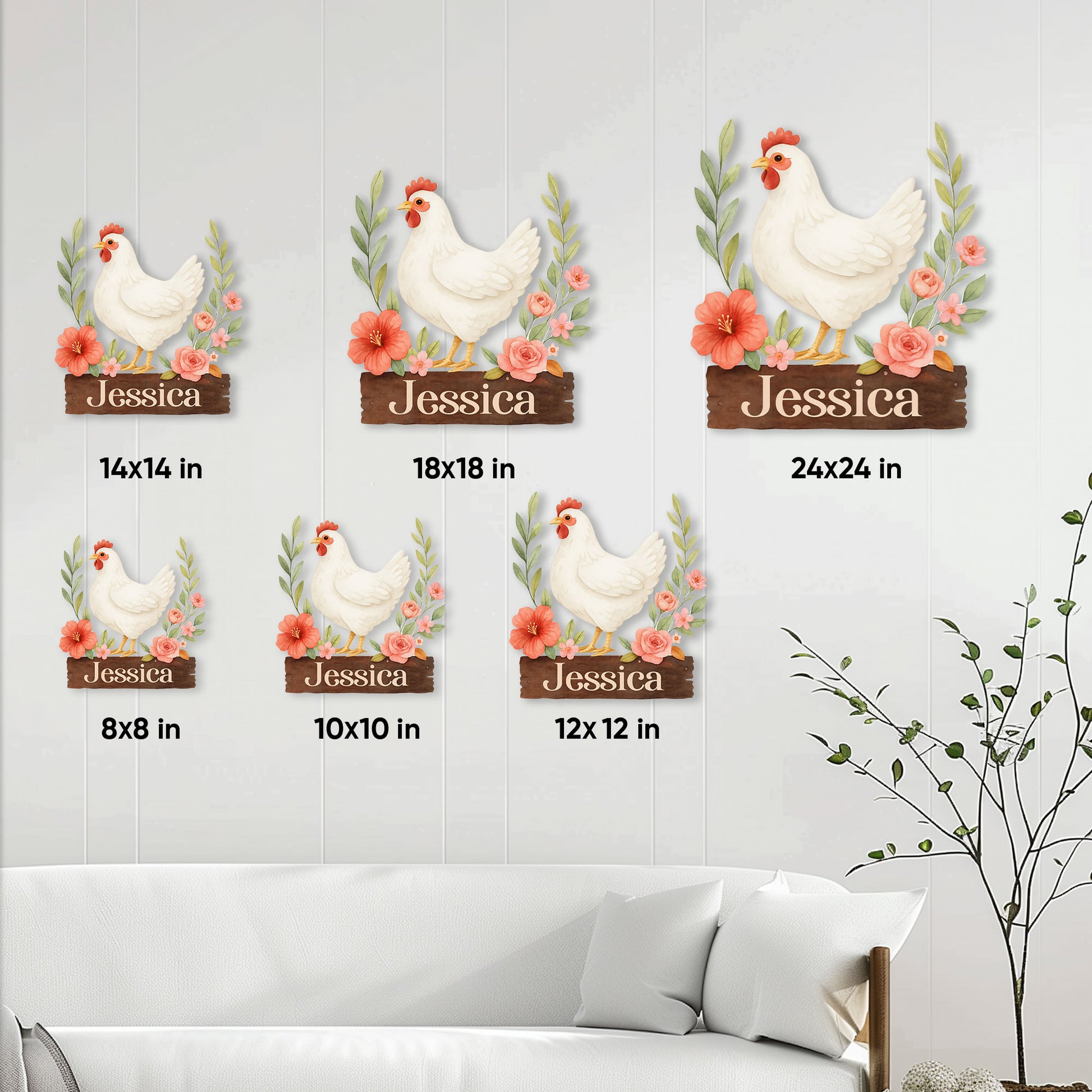 Chicken metal sign size guide showing available square sizes from 8 by 8 to 24 by 24 inches