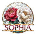 Floral metal sign featuring two vibrant blooms in a stained-glass inspired design with leafy accents