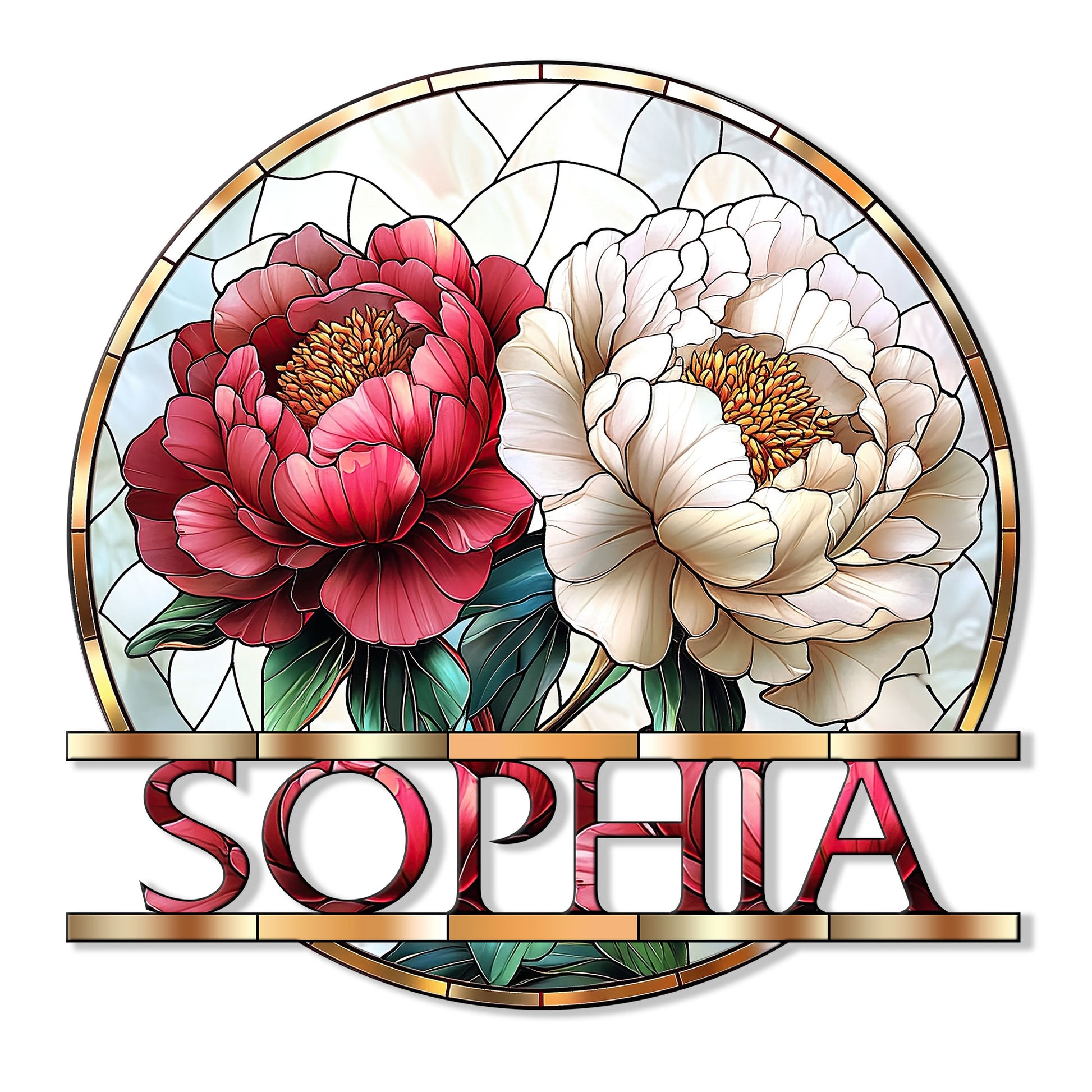Floral metal sign featuring two vibrant blooms in a stained-glass inspired design with leafy accents