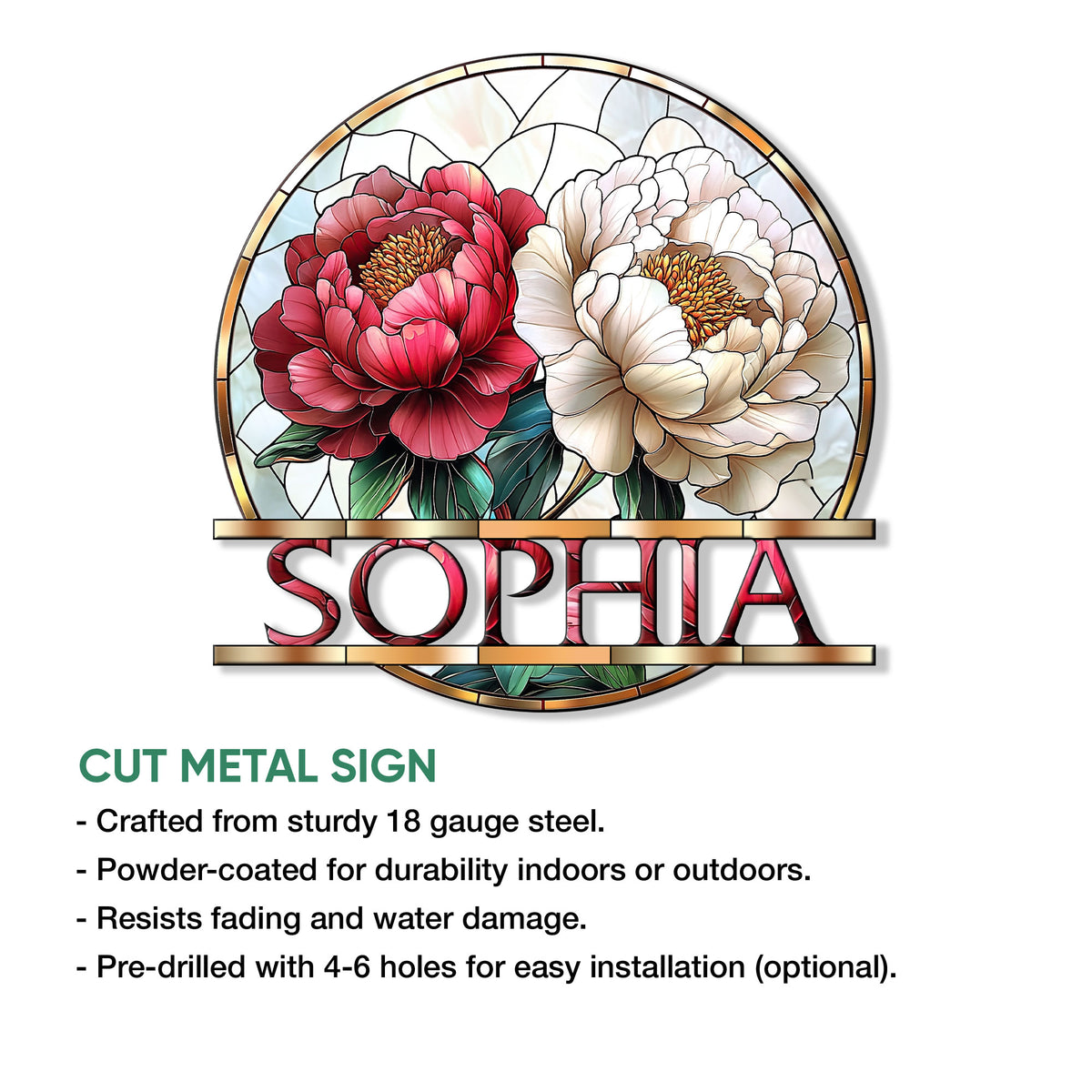 Cut metal flower sign showcasing paired red and ivory blossoms with a decorative circular floral background