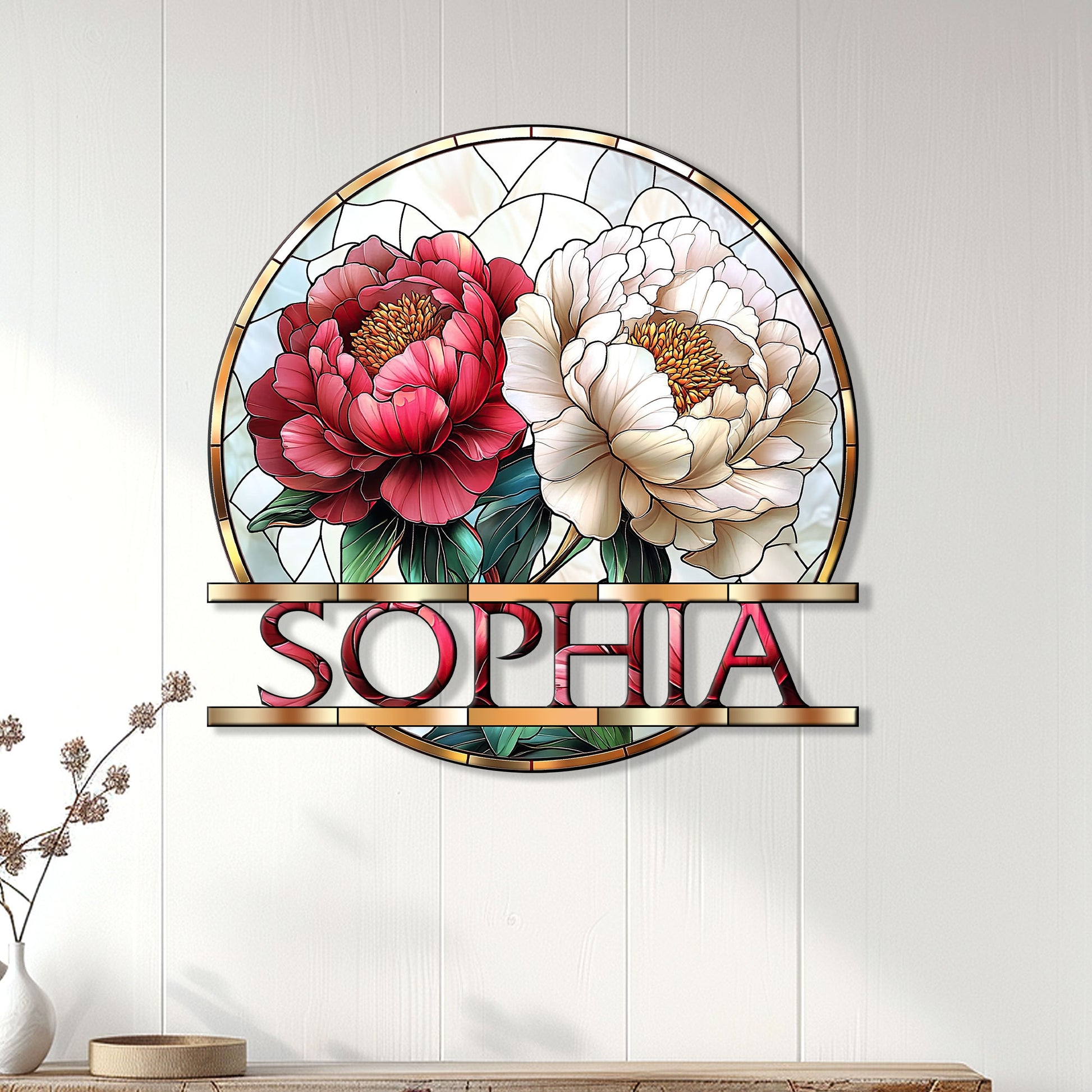 Floral wall decor displayed on a light paneled wall above a console for an elegant home accent