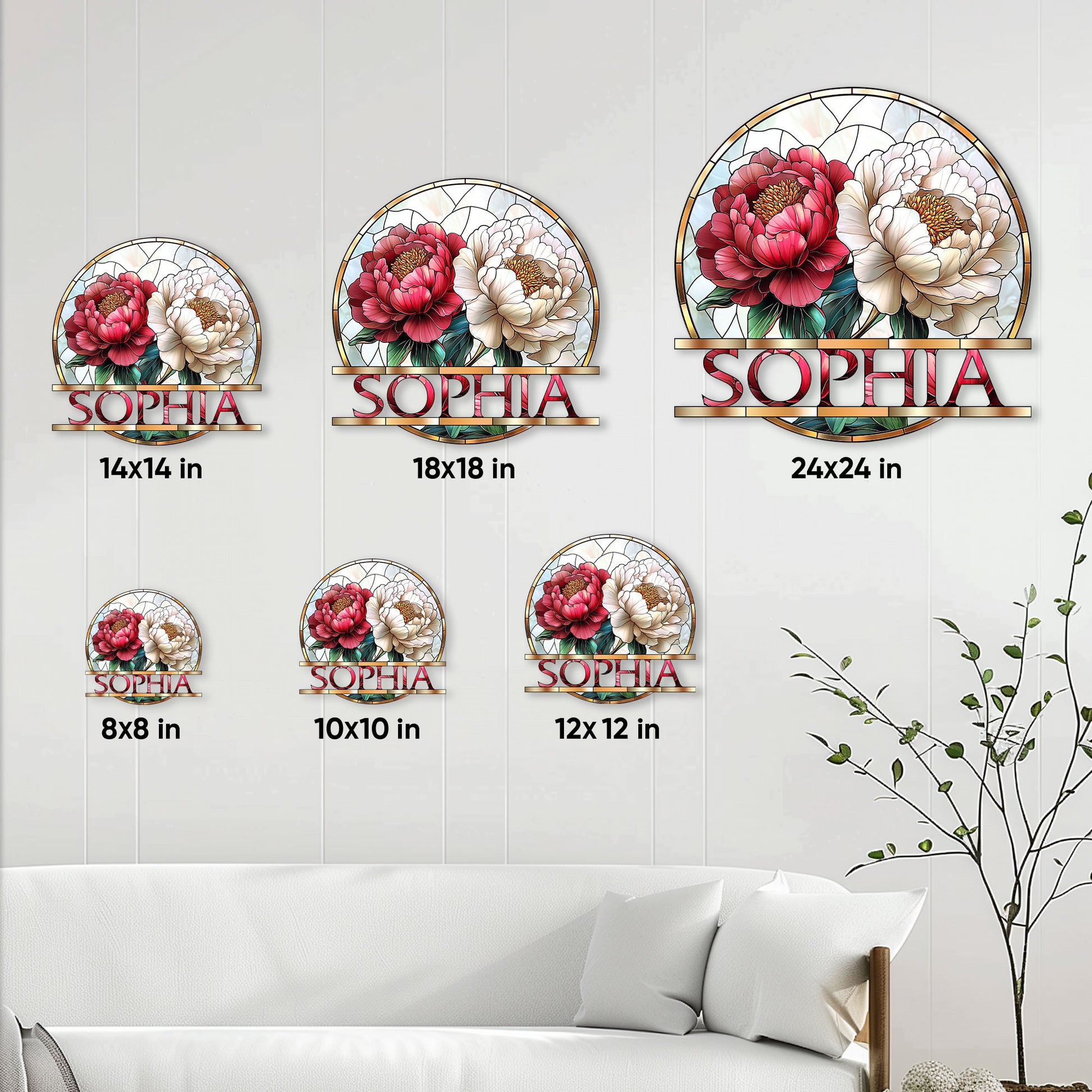 Flower metal sign size guide showing available round designs from 8 by 8 to 24 by 24 inches