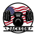 Custom gym metal sign featuring a barbell, kettlebell, and American flag design