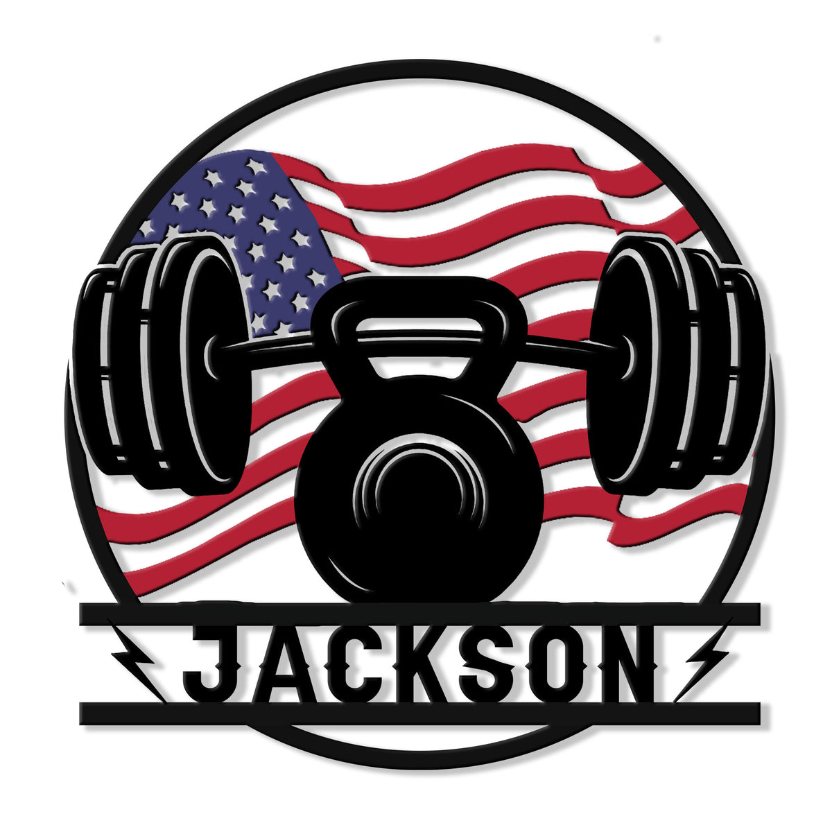 Custom gym metal sign featuring a barbell, kettlebell, and American flag design
