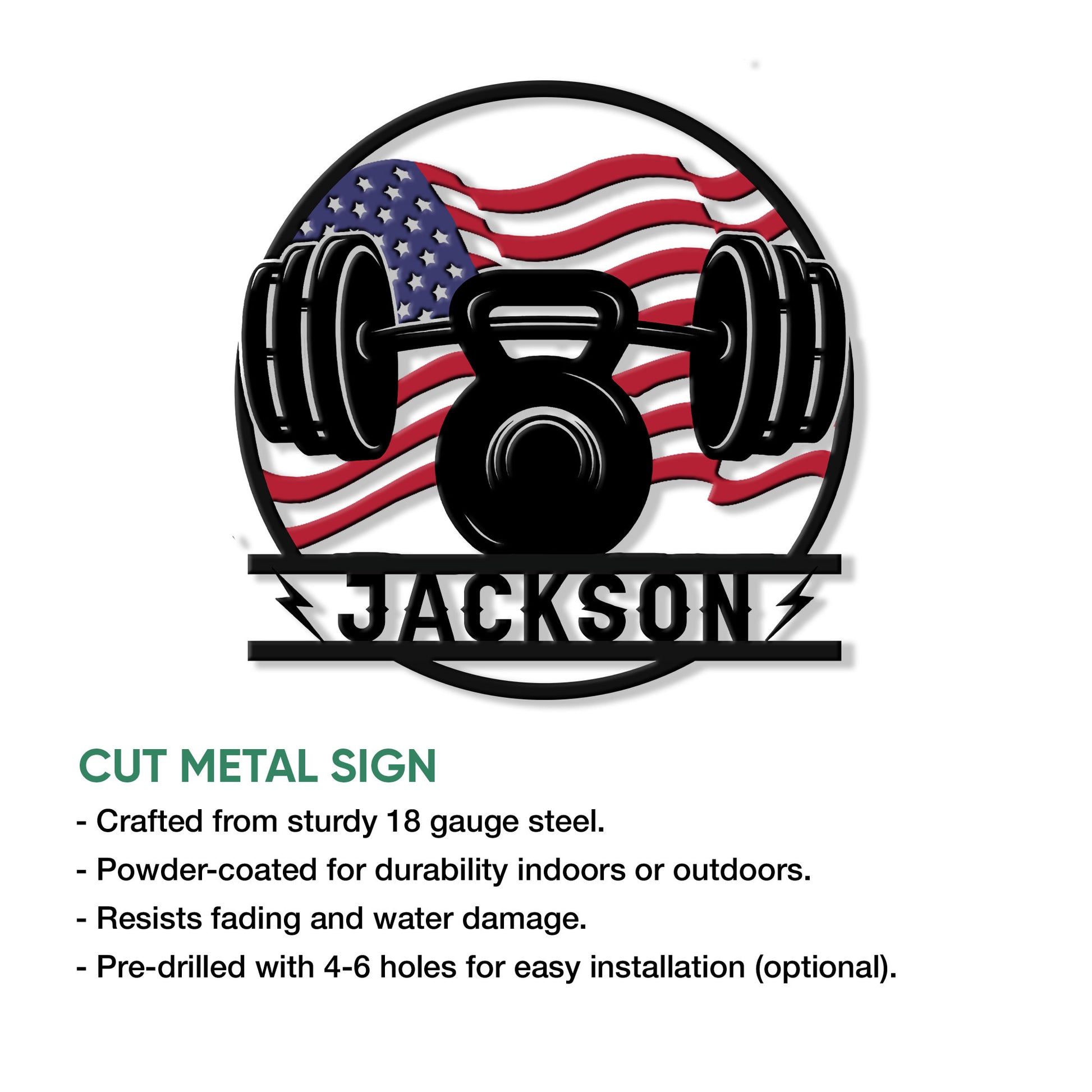 Cut metal gym sign showing a barbell and kettlebell against a waving American flag