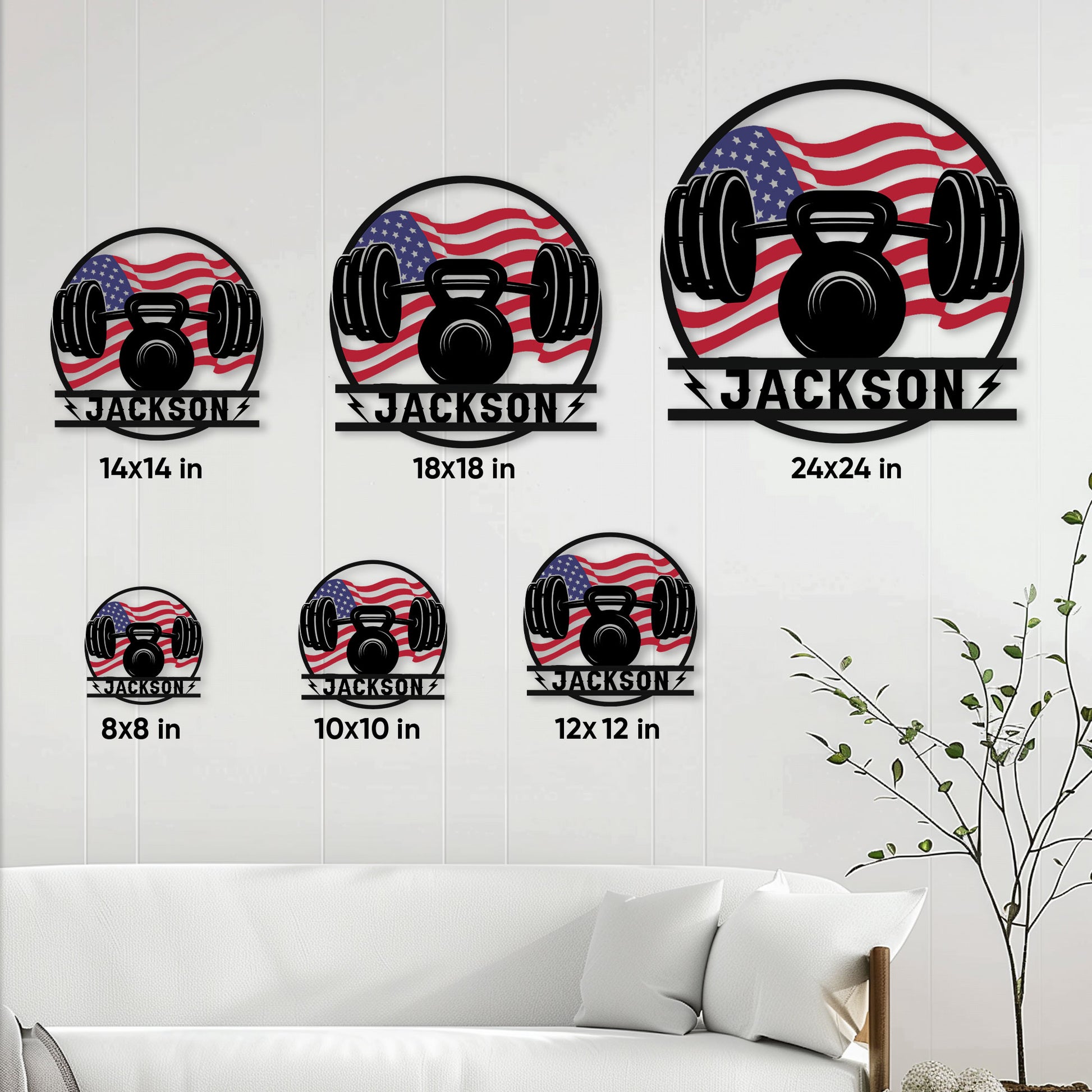 Gym metal sign size guide showing available 8, 10, 12, 14, 18, and 24 inch options