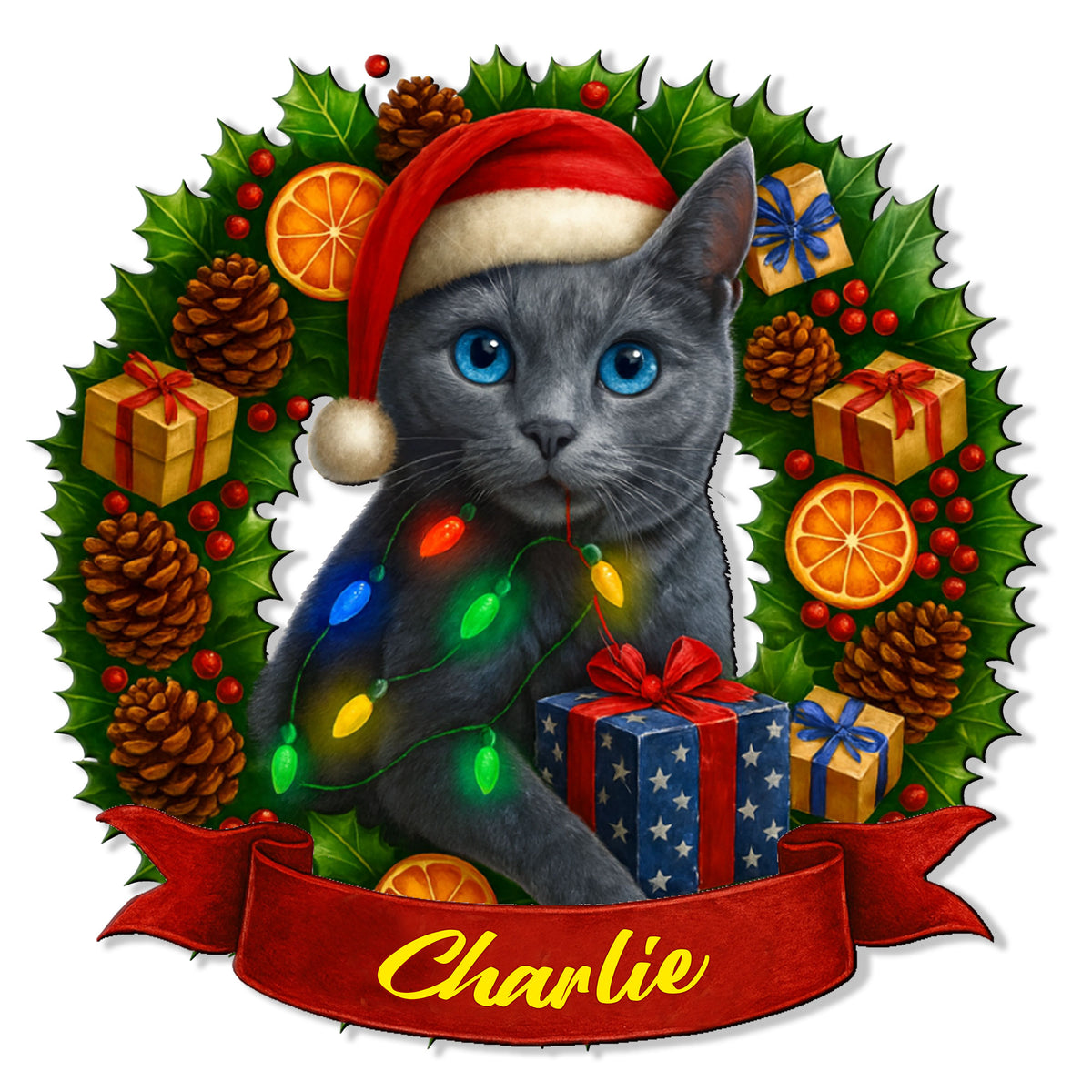 Russian Blue cat metal sign wearing a Santa hat and colorful lights, framed by holly, gifts, and a red ribbon