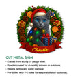 Russian Blue Christmas cat metal sign shown as a cut-metal wall accent with a festive holly wreath design