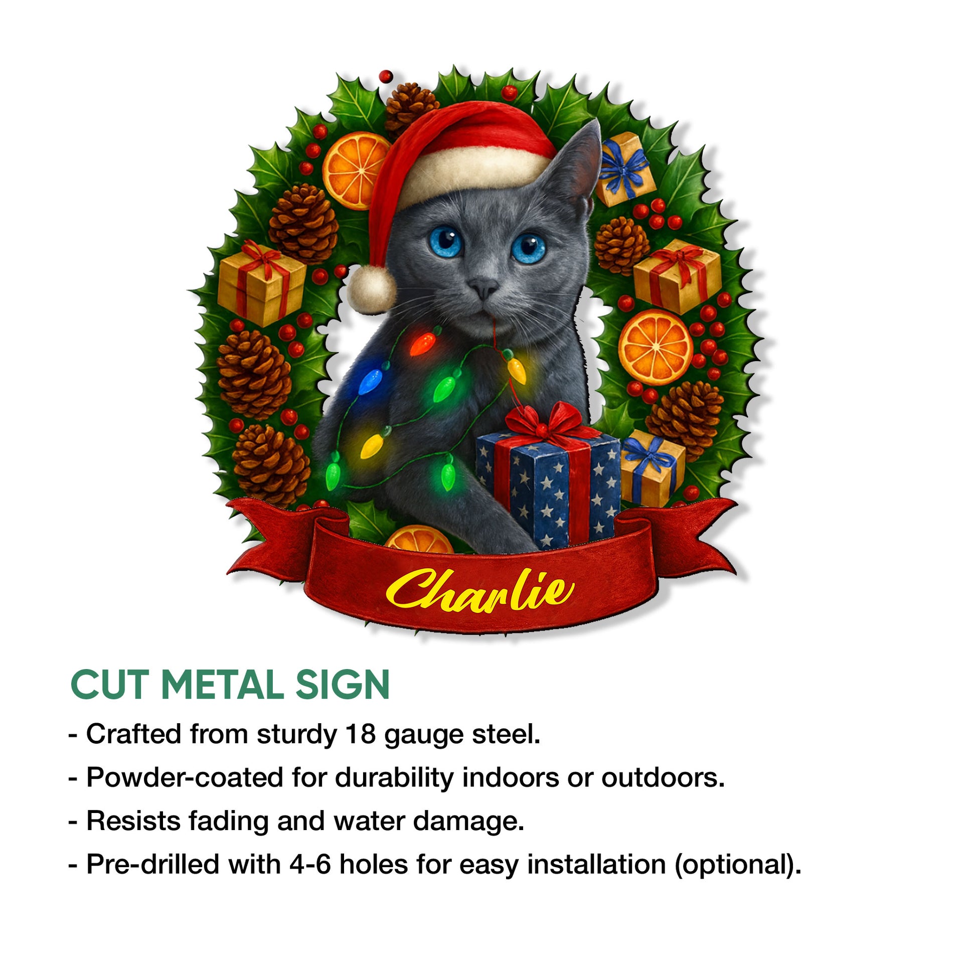 Russian Blue Christmas cat metal sign shown as a cut-metal wall accent with a festive holly wreath design