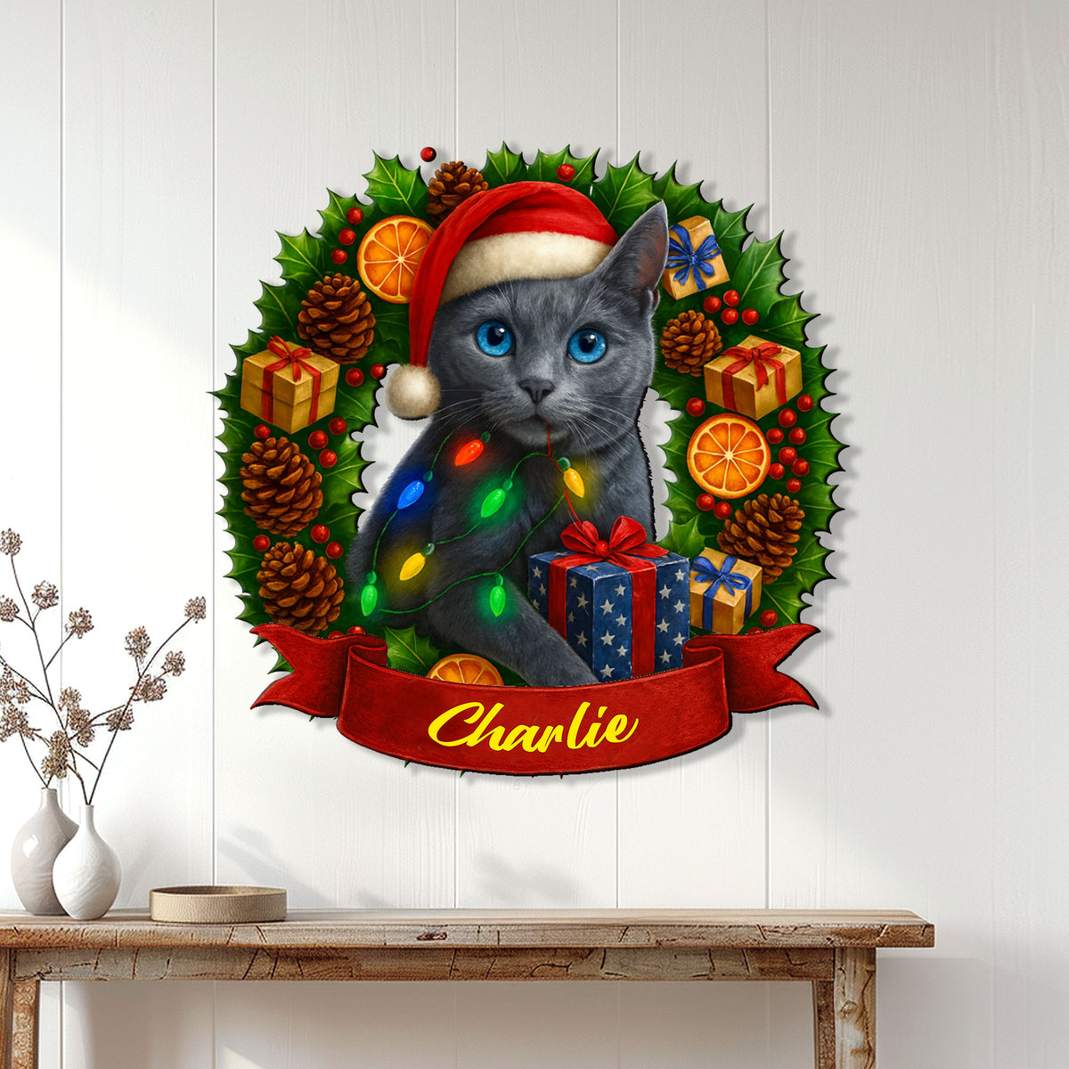 Russian Blue holiday cat sign displayed on a white paneled wall above a wooden console table