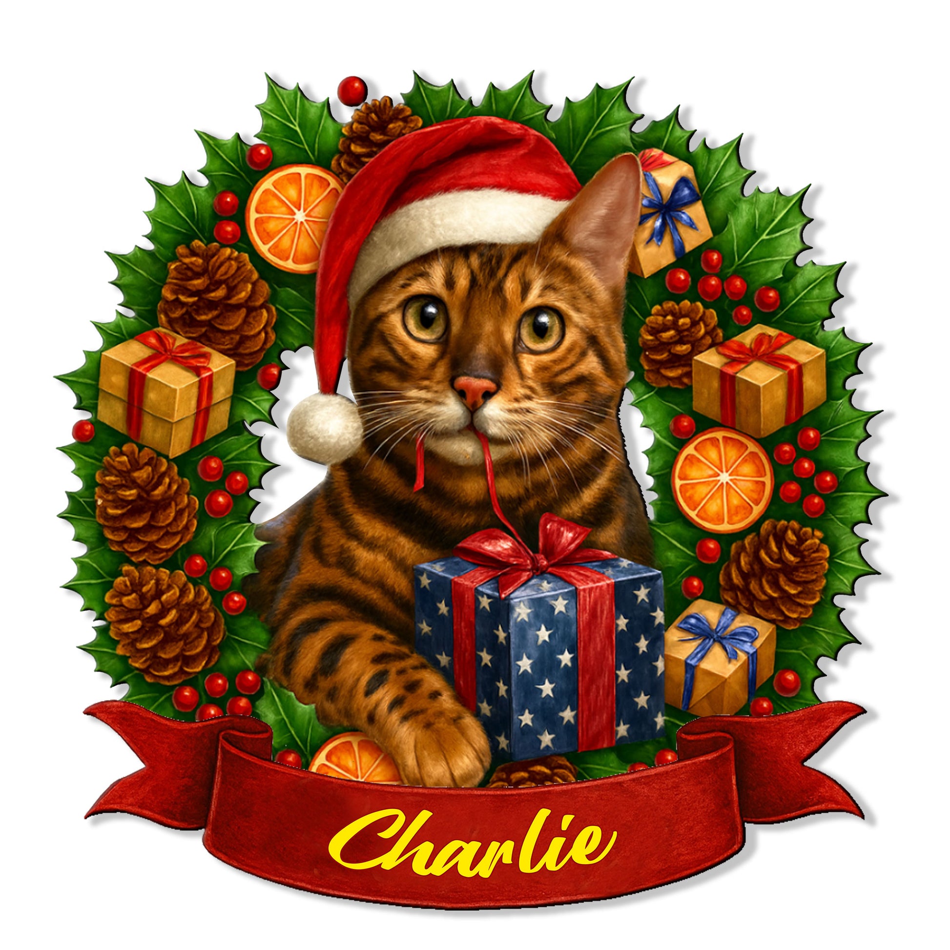Bengal cat Christmas metal sign featuring a Santa hat, wrapped gifts, holly, pinecones, and a red ribbon
