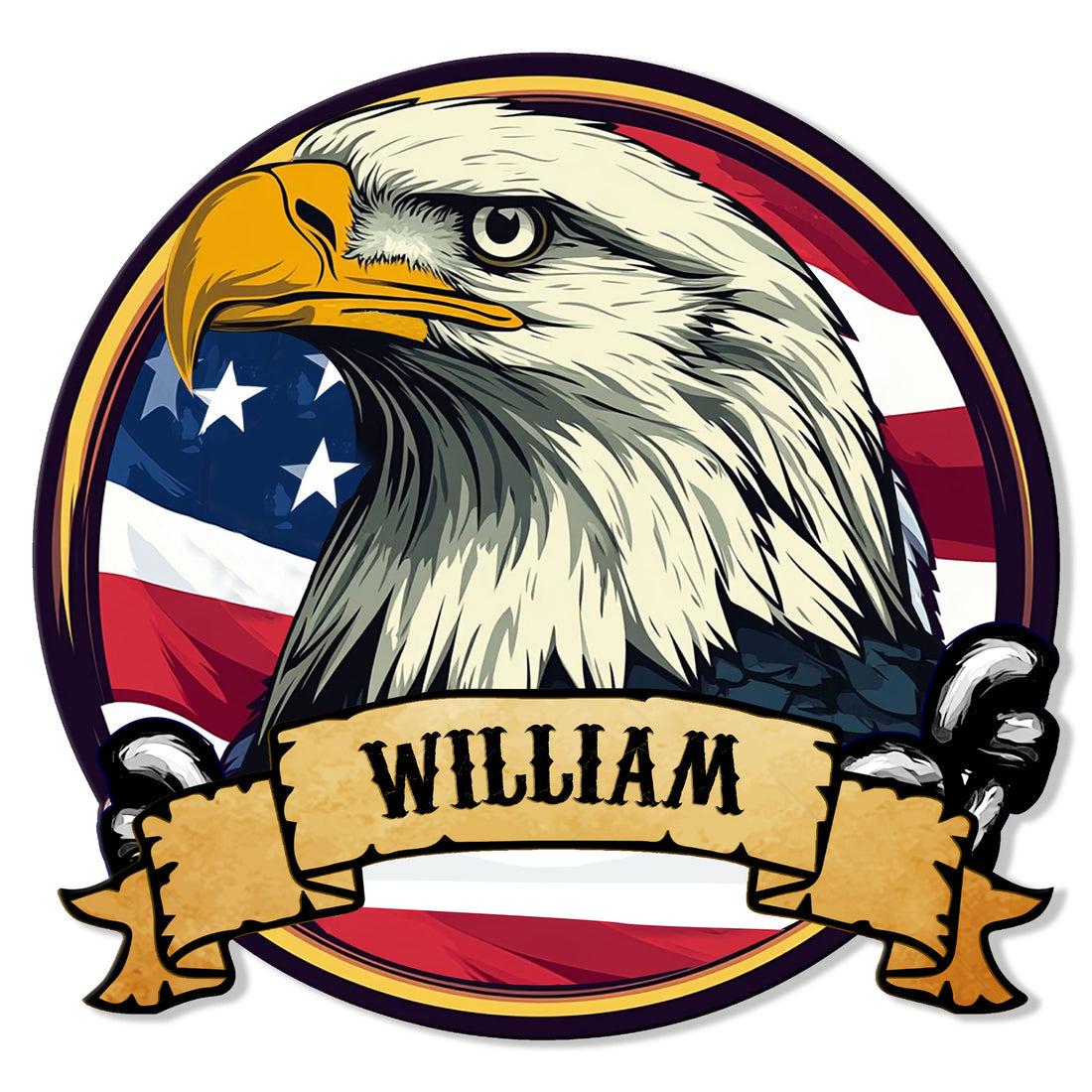 Patriotic eagle metal sign featuring a detailed bald eagle over an American flag background