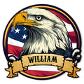 Patriotic eagle metal sign featuring a detailed bald eagle over an American flag background