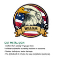 Eagle metal sign product graphic highlighting the patriotic artwork and cut-metal sign design
