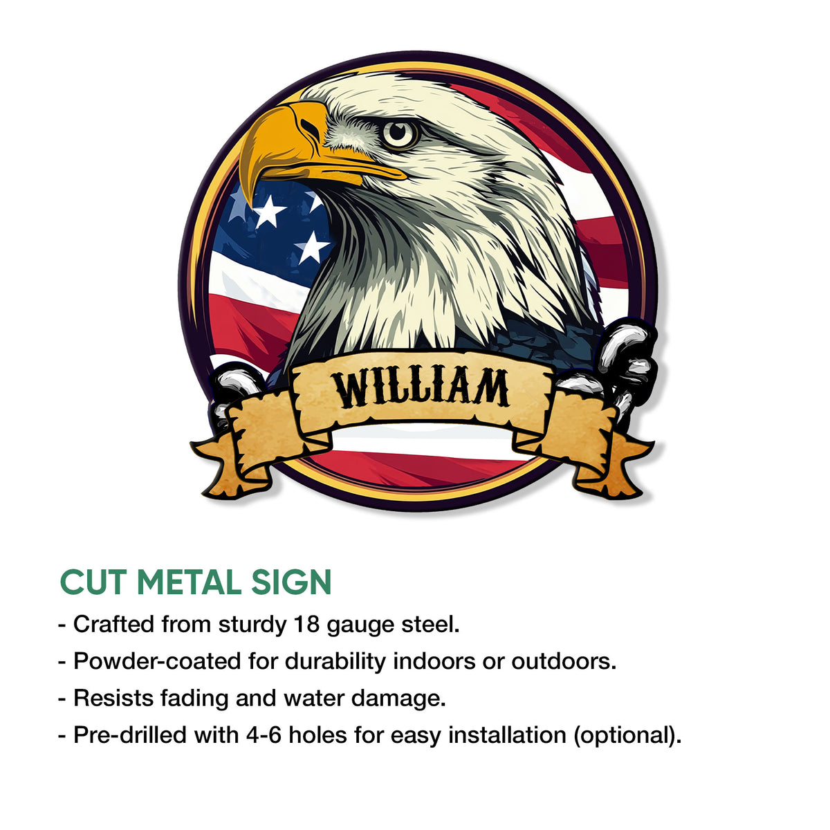 Eagle metal sign product graphic highlighting the patriotic artwork and cut-metal sign design
