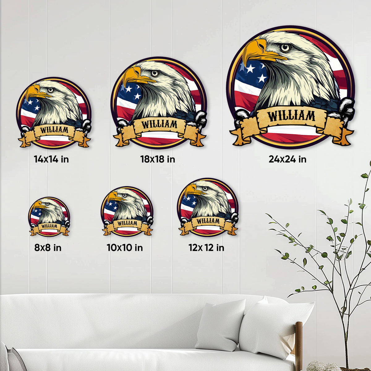Eagle metal sign size guide showing 8, 10, 12, 14, 18, and 24 inch options
