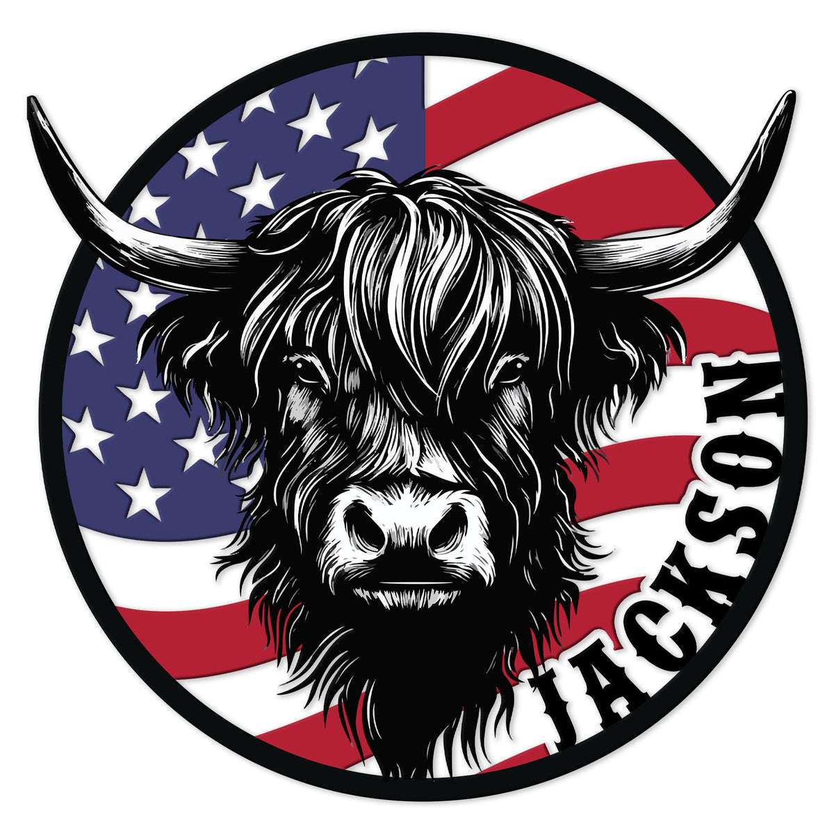 Highland cow metal sign with sweeping horns, bold black line art, and an American flag background