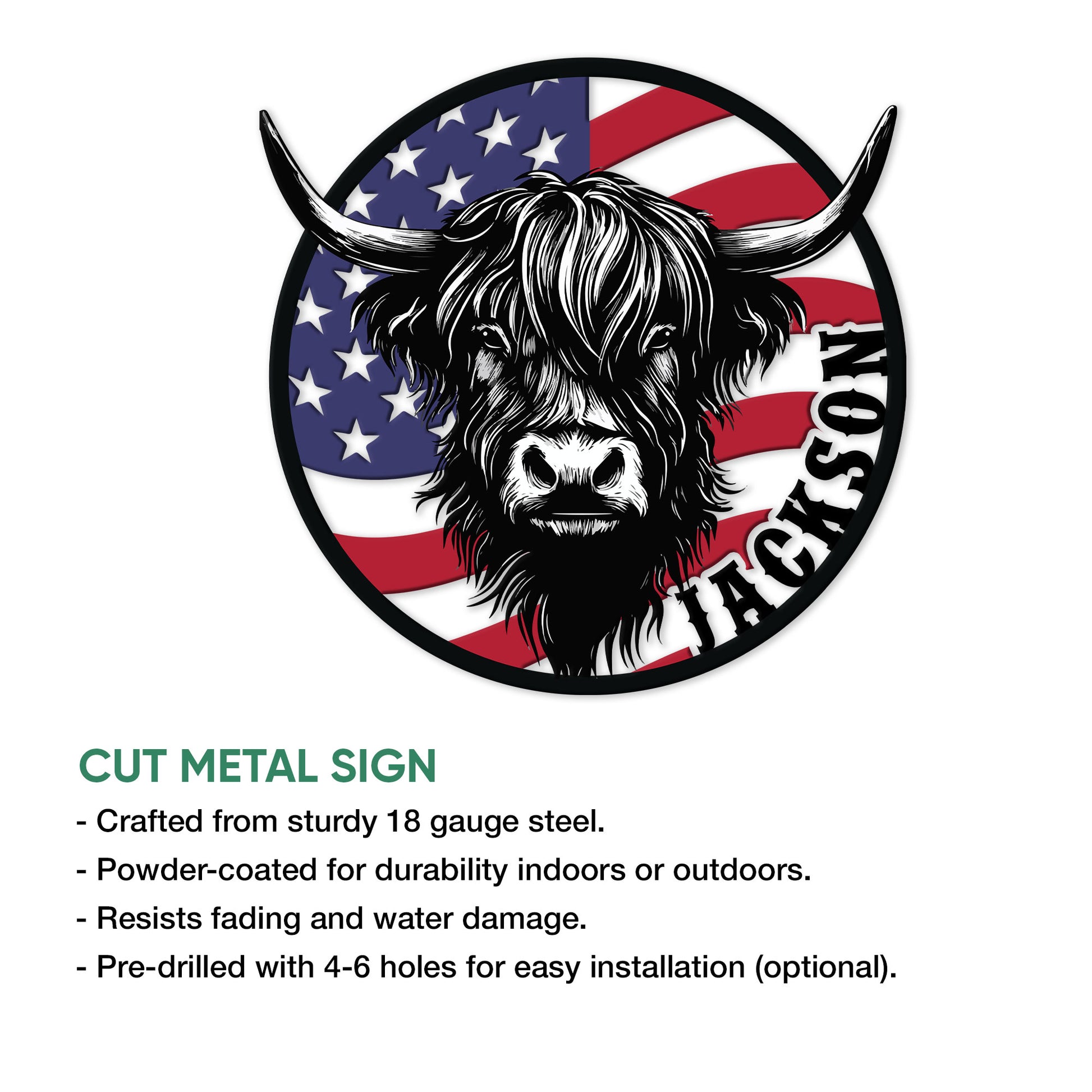 Highland cow metal sign feature graphic showing the round patriotic wall art design