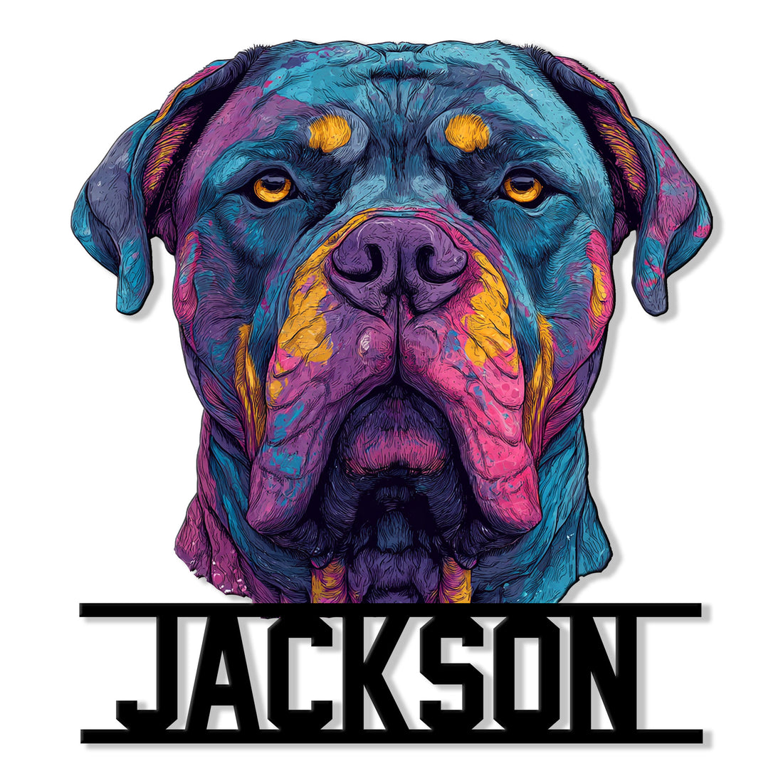 Colorful Cane Corso portrait metal sign with bold black frame lettering and an expressive dog artwork