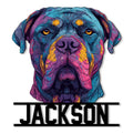 Colorful Cane Corso portrait metal sign with bold black frame lettering and an expressive dog artwork