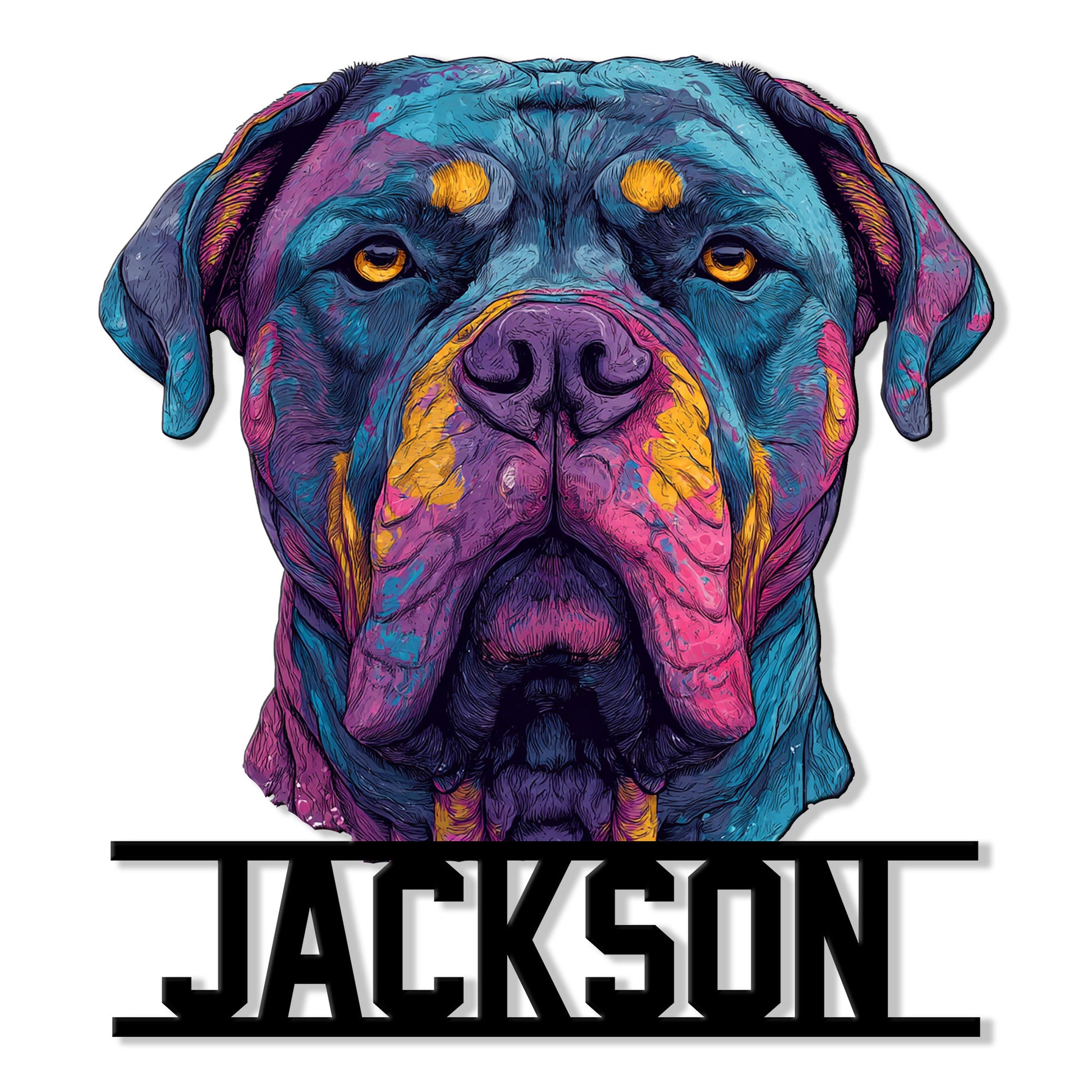 Colorful Cane Corso portrait metal sign with bold black frame lettering and an expressive dog artwork