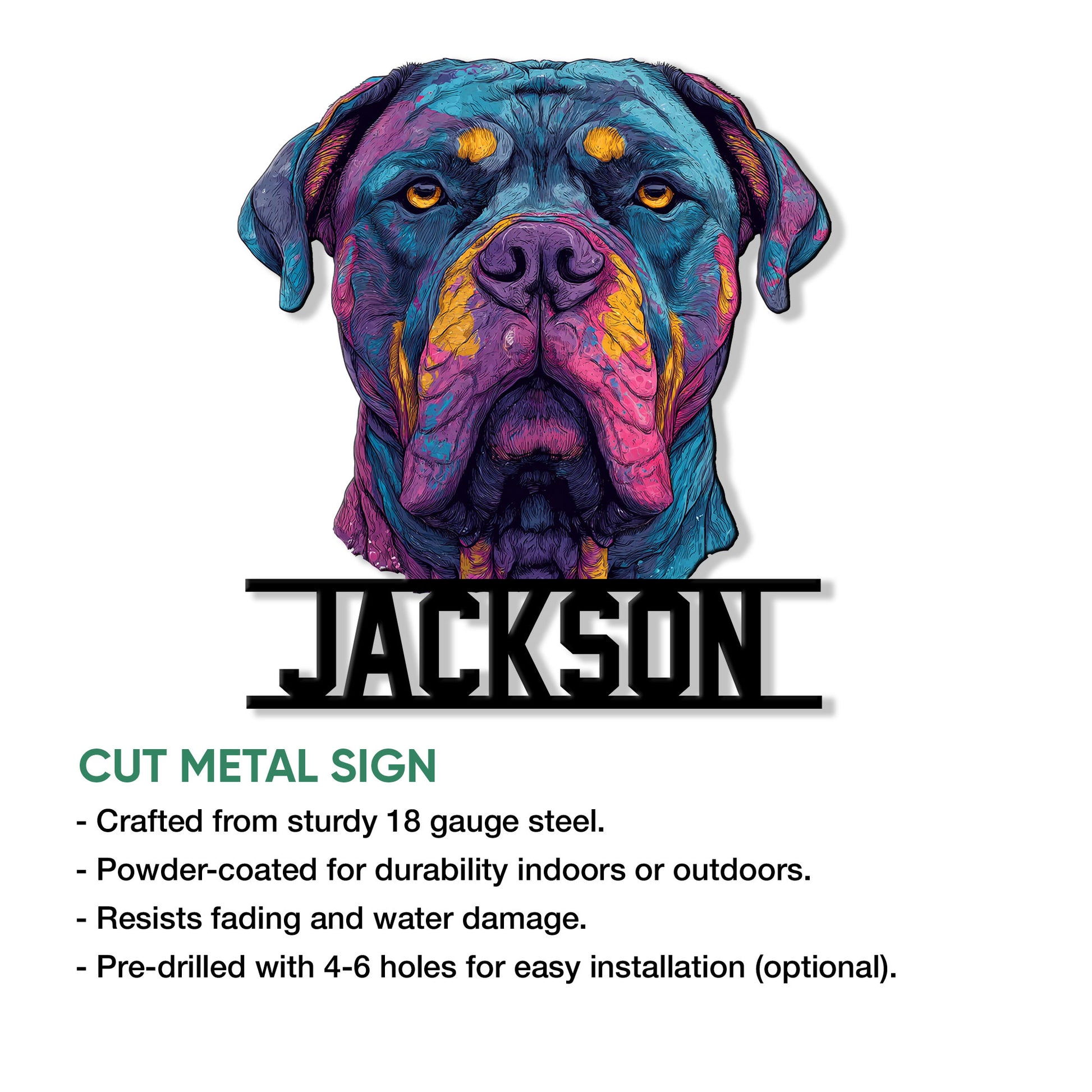 Cane Corso metal sign artwork shown with cut-metal sign features and indoor-outdoor display information
