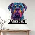 Colorful Cane Corso wall sign displayed above a rustic console table in a bright modern entryway