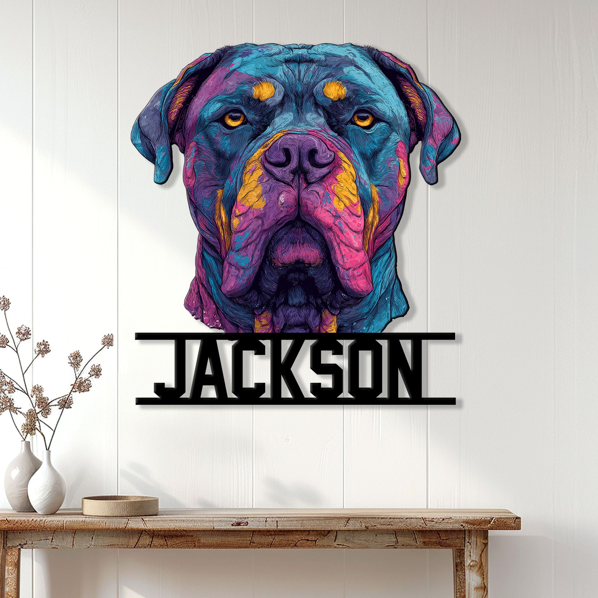 Colorful Cane Corso wall sign displayed above a rustic console table in a bright modern entryway