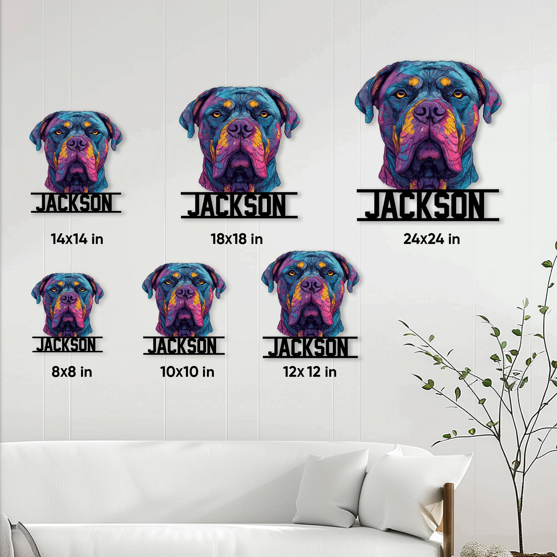 Cane Corso metal sign shown in multiple size options above a living room sofa