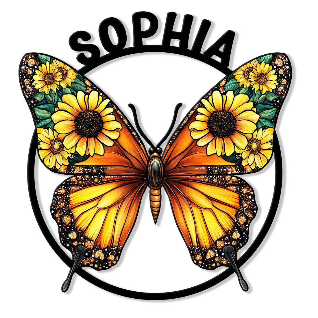 Colorful butterfly metal sign with orange wings, sunflower details, and a circular black frame
