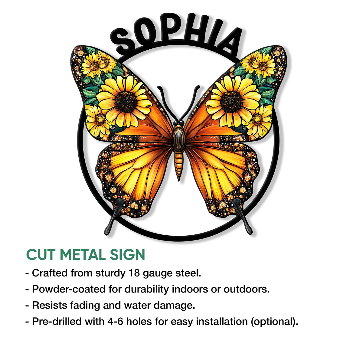 Floral butterfly cut metal sign featuring vibrant orange wings and sunflower artwork