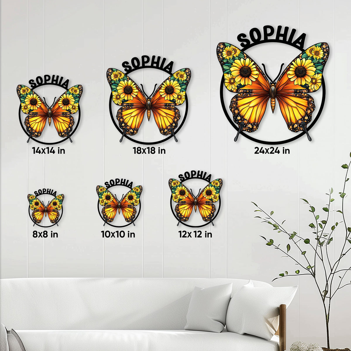 Butterfly metal sign size guide showing available sizes from 8 by 8 to 24 by 24 inches