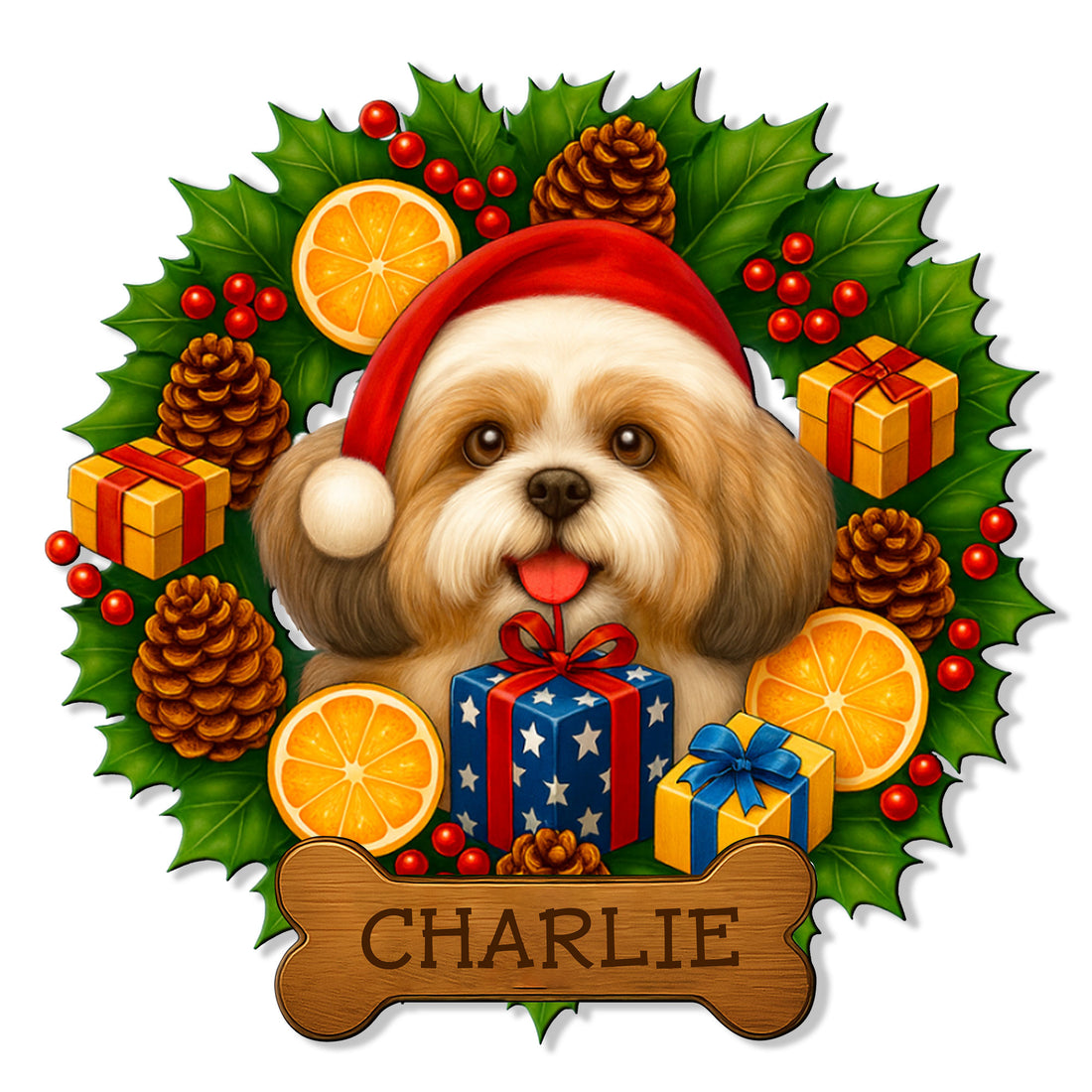 Custom Shih Tzu metal sign featuring a cheerful Santa-hat dog surrounded by gifts, holly, pinecones, and oranges