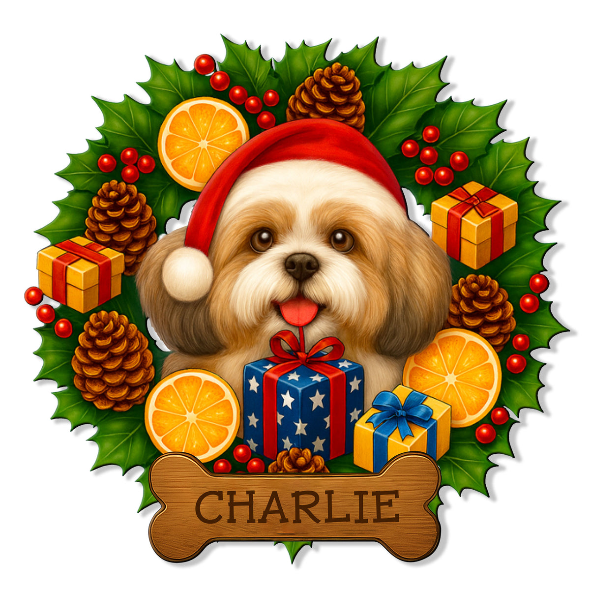 Custom Shih Tzu metal sign featuring a cheerful Santa-hat dog surrounded by gifts, holly, pinecones, and oranges