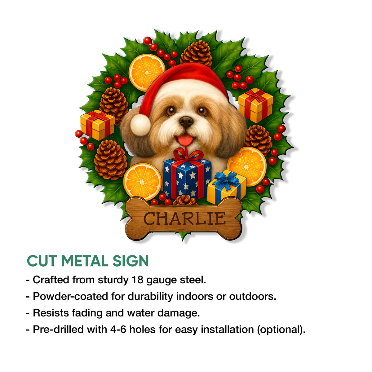 Shih Tzu Christmas metal sign shown with a cut-steel design and indoor or outdoor display features
