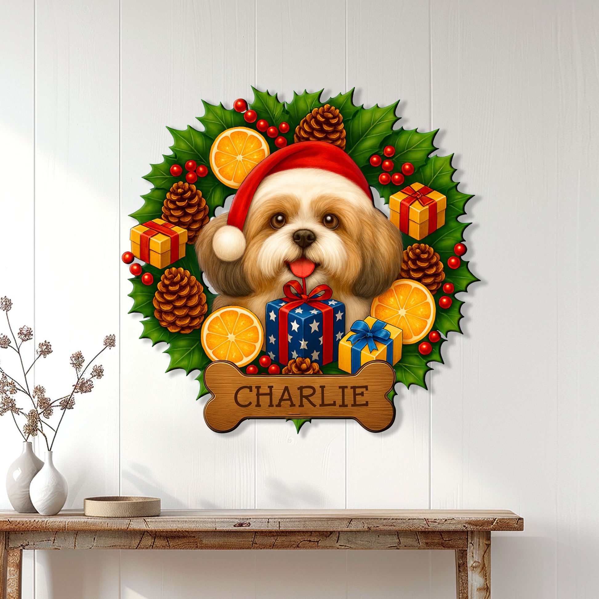 Shih Tzu holiday wall sign displayed on a white paneled wall above a console table