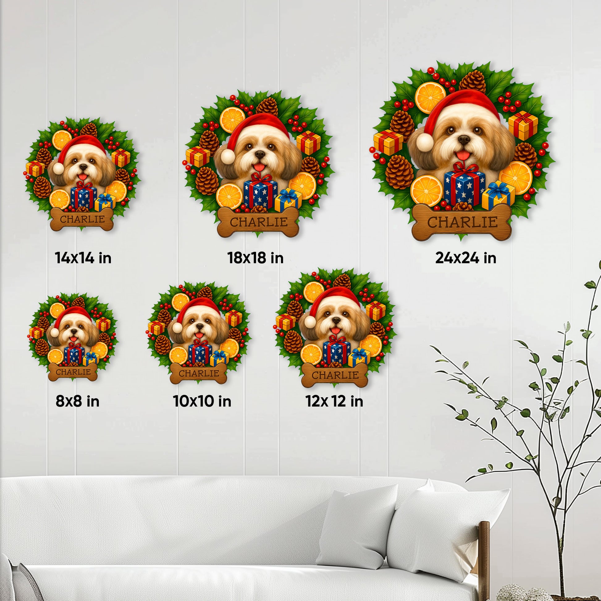 Shih Tzu Christmas metal sign size guide showing available sizes from 8 by 8 to 24 by 24 inches