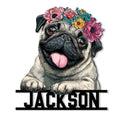 Floral pug portrait metal sign featuring a happy tongue-out dog and colorful flower crown